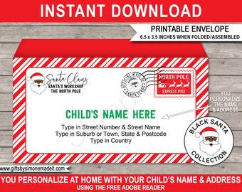 Black Santa Envelope Printable Template - North Pole Christmas Letter Printable - INSTANT DOWNLOAD - EDITABLE Name & Address