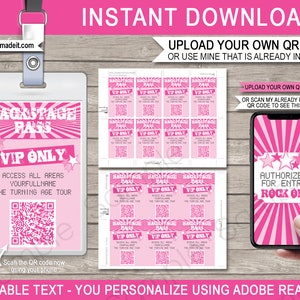 Backstage Pass Template Printable Rockstar Theme Birthday Party Decorations VIP Pass QR Code Instant DOWNLOAD Text Editable image 1