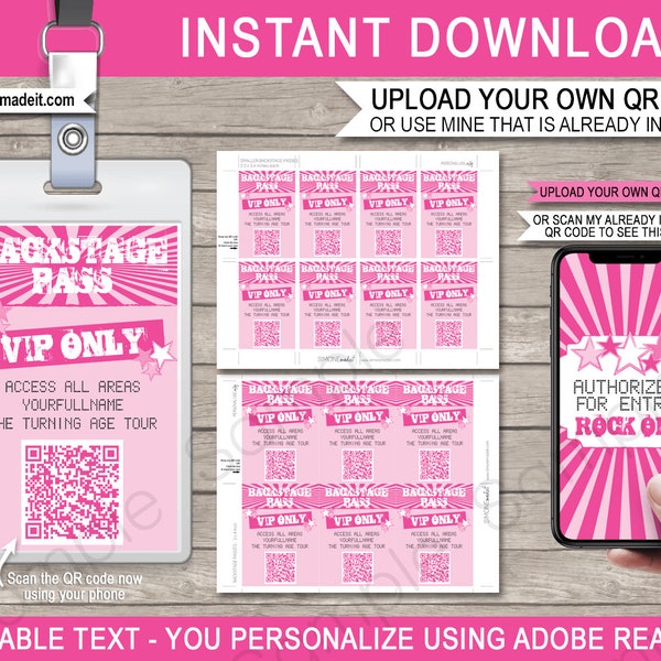 Backstage Pass Template - Printable Rockstar Theme Birthday Party Decorations - VIP Pass - QR Code - Instant DOWNLOAD Text Editable