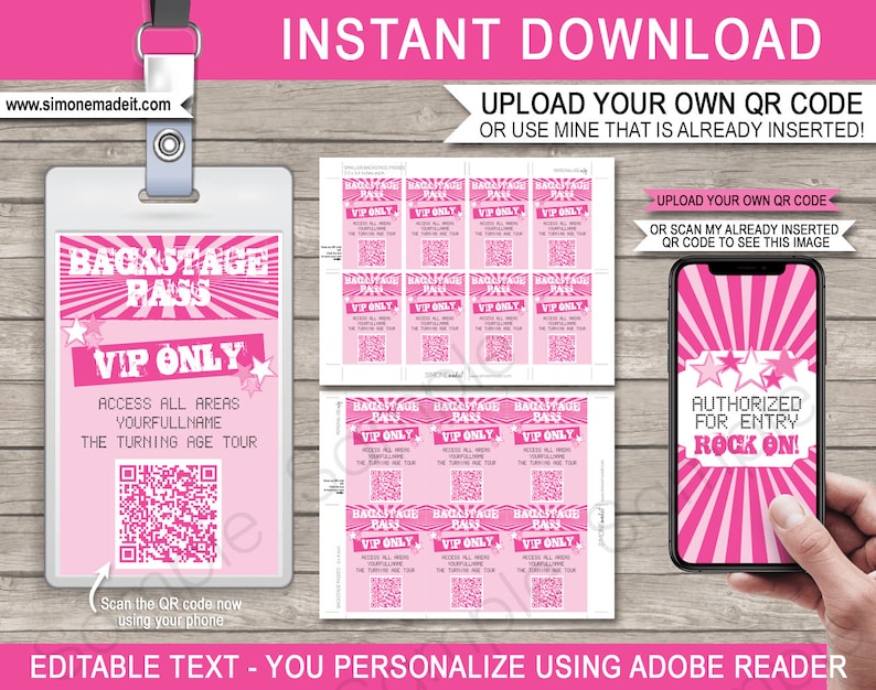 Backstage Pass Template Printable Rockstar Theme Birthday Party Decorations VIP Pass QR Code Instant DOWNLOAD Text Editable image 1