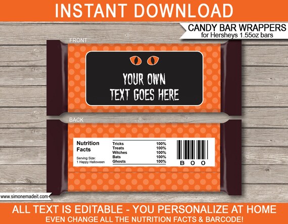 Printable Halloween Candy Bar Wrapper Template - Chocolate Labels - Treats Gifts Favors - INSTANT DOWNLOAD with EDITABLE text Il_570xn