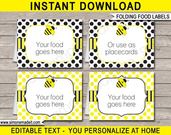 Bee Food Labels Template - Printable Birthday Party Decorations - Place Cards - Folding Buffet Tags - INSTANT DOWNLOAD with EDITABLE text