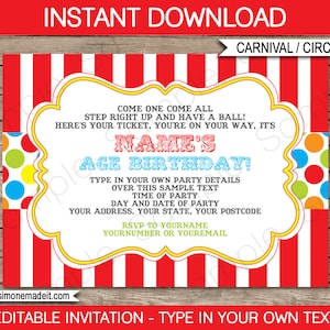 Carnival Invitation Templates - Printable Birthday Party Invite - Come One, Come All, Here's Your Ticket, Circus Theme - INSTANT DOWNLOAD - EDITABLE Text