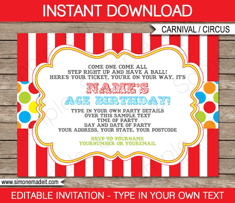 Carnival Invitation Templates - Printable Birthday Party Invite - Come One, Come All, Here's Your Ticket, Circus Theme - INSTANT DOWNLOAD - EDITABLE Text