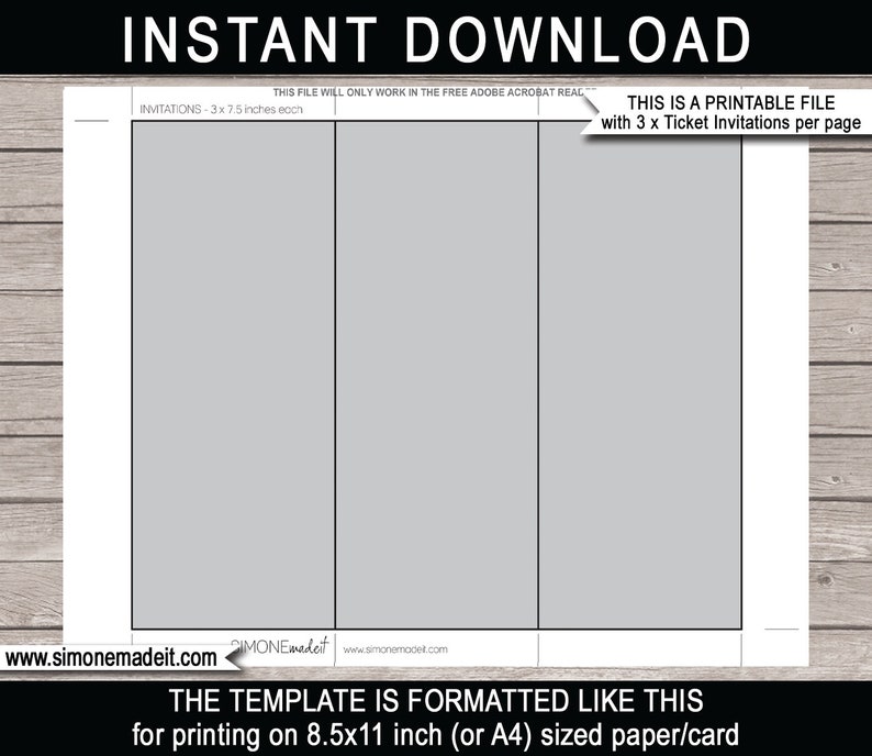 May include: Printable template for creating 3 ticket invitations on a single 8.5x11 inch sheet of paper. The template is divided into three equal sections, each measuring 3x7.5 inches.