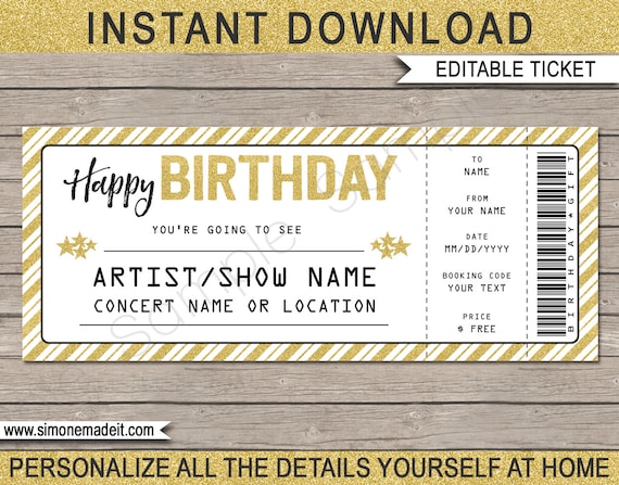 concert ticket birthday gift printable template surprise