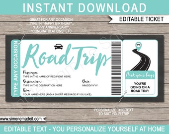 Road Trip Ticket Gift Printable Template - Surprise Car Trip Getaway Holiday Vacation - Road Trip Reveal - INSTANT DOWNLOAD - EDITABLE text