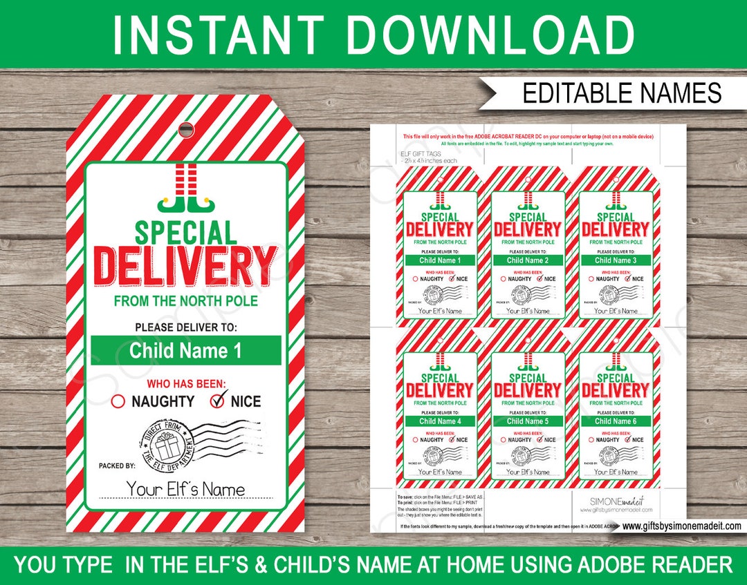 Elf Treat Tags Printable Template Elf Gift Special Delivery Etsy