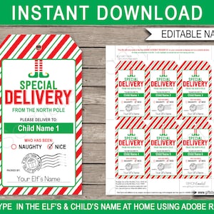 Elf Tags Printable Template, Elf Gift Special Delivery North Pole, Christmas Elf Ideas, Elf Greetings INSTANT DOWNLOAD - EDITABLE text