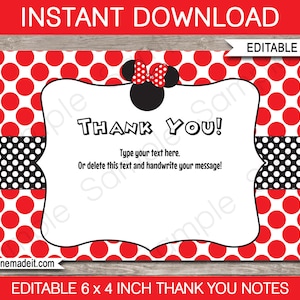 ミニーマウスのサンキューカード：編集可能な誕生日メモタグ（デジタルダウンロード）