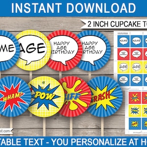 Superhero Cupcake Toppers Template - Printable Super Hero Theme Birthday Party Decorations - Gift Tags - 2 inch - EDITABLE TEXT DOWNLOAD