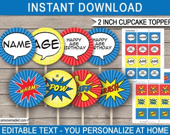 Superhero Cupcake Toppers: Editable Birthday Party Decorations (2 inch, PDF Download)
