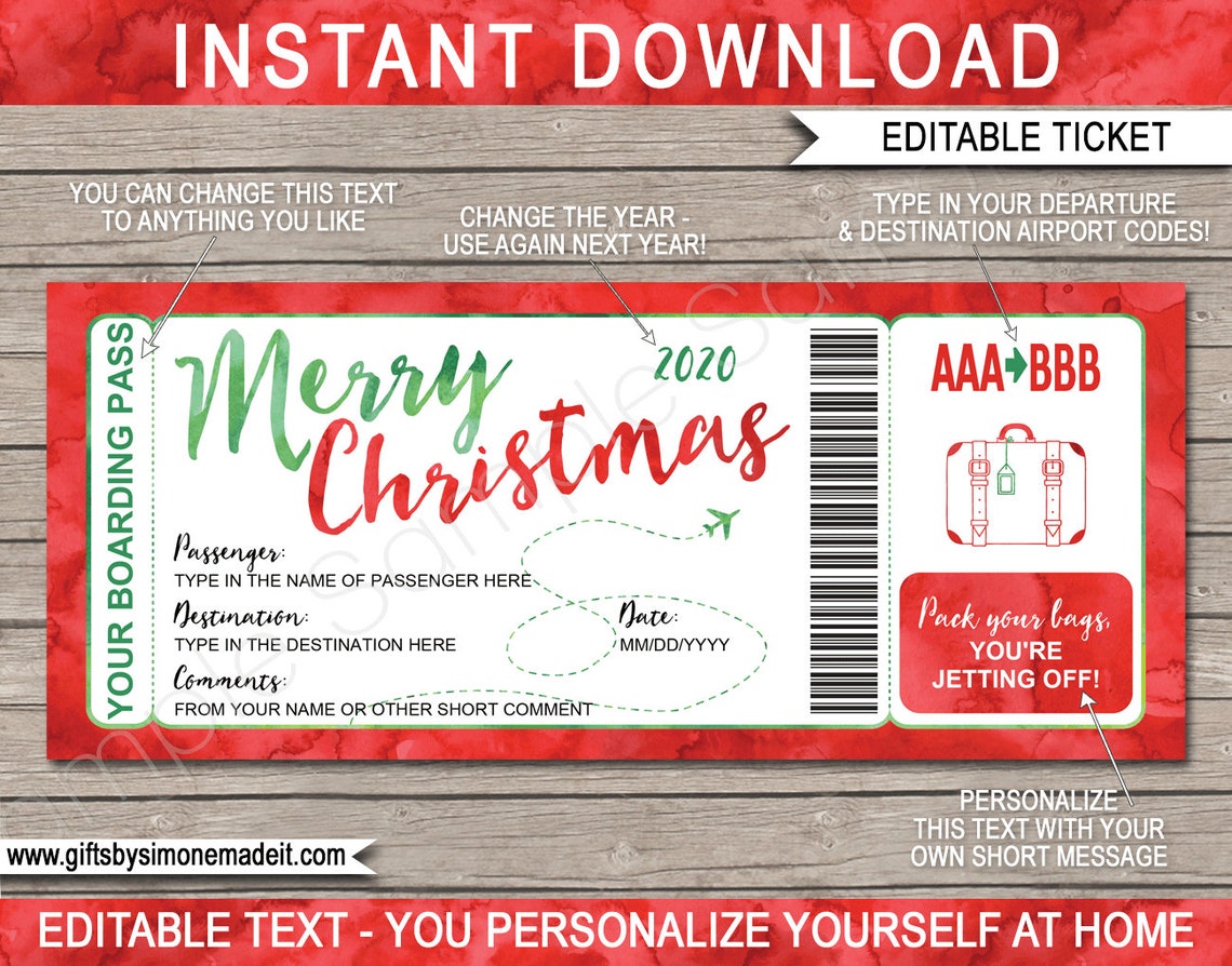 Christmas Boarding Pass Template Plane Ticket Fake Surprise Etsy