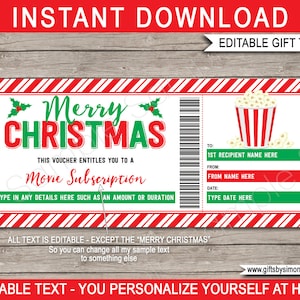 Modelo de voucher de vale-presente de assinatura de streaming de filme de TV - Bilhete de Natal personalizado - DOWNLOAD INSTANTÂNEO com texto editável