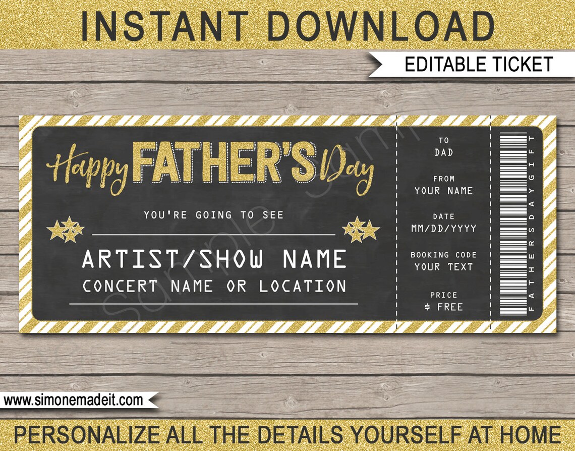 fathers day concert ticket gift printable gift voucher etsy