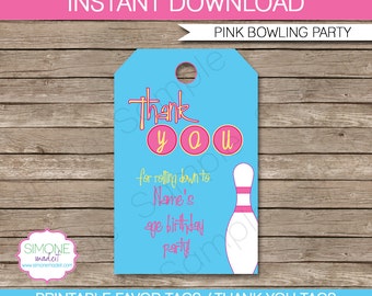 Bowling Birthday Favor Tags: Pink & Blue, Editable Text (Digital Download)