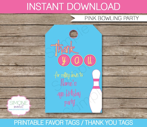 Bowling Favor Tags - Thank You Tags - Birthday Party Favors - INSTANT  DOWNLOAD with EDITABLE text template - you personalize at home