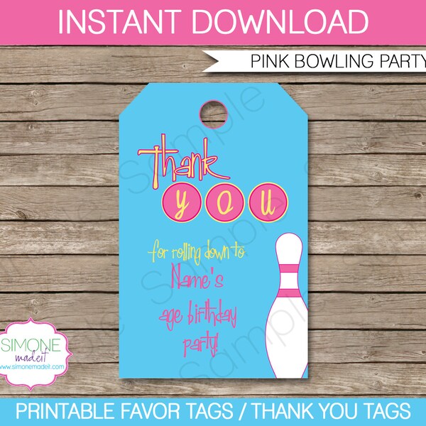 Bowling Birthday Favor Tags: Pink & Blue, Editable Text (Digital Download)