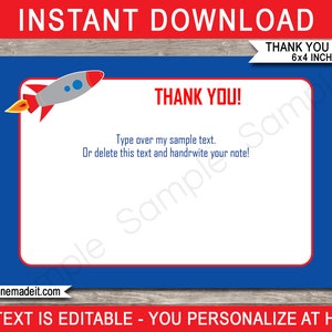 Space Party Thank You Cards Template - Printable Rocketship Thank You Card - Space Theme - Birthday Party - INSTANT DOWNLOAD - EDITABLE text