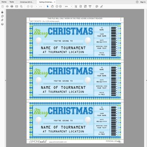 May include: Three blue and green printable gift ticket templates for a golf tournament. Each ticket has a golf ball graphic, the words "Merry Christmas", and the text "You're going to [Name of Tournament] at [Tournament Location]".