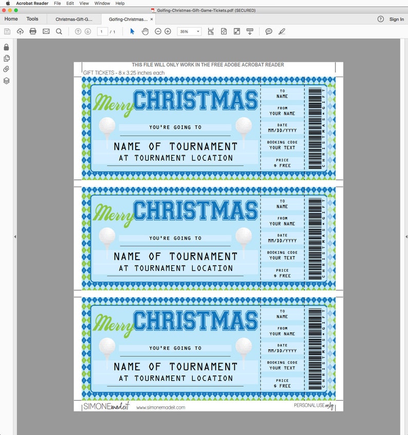 May include: Three blue and green printable gift ticket templates for a golf tournament. Each ticket has a golf ball graphic, the words "Merry Christmas", and the text "You're going to [Name of Tournament] at [Tournament Location]".