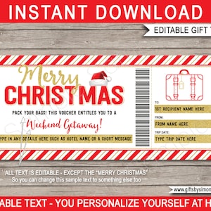 Weekendje weg voucher sjabloon - kerstreis - cadeaubon ticket - pak je koffers, reis weg, hotelreservering - INSTANT DOWNLOAD