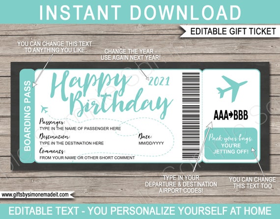 Editable Boarding Pass Template Surprise Birthday Fake Airline Ticket Trip Gift, Airplane Flight Destination Plane, Aqua - INSTANT DOWNLOAD Il_570xn