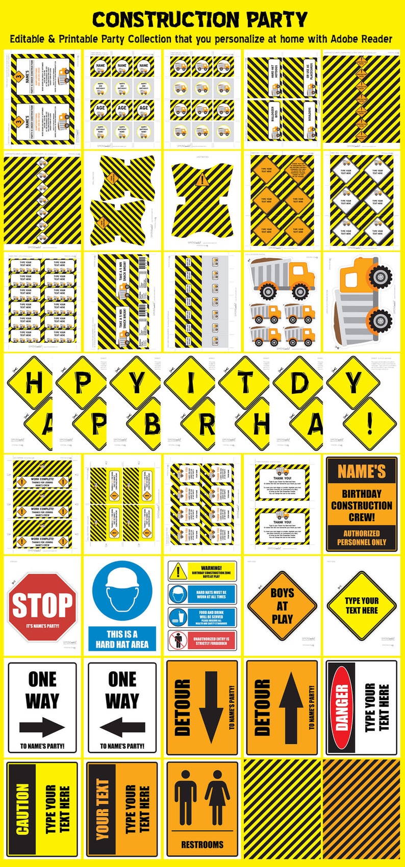 Construction Party Templates with Invitation Printable Dump Truck Theme Decoration Bundle Package Set Kit Pack Collection EDITABLE TEXT image 3