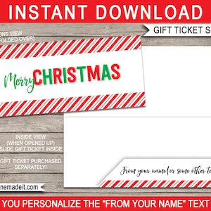 May include: Printable gift card sleeve with a red and white candy cane stripe pattern. The front of the sleeve says "Merry Christmas" in green and red text. The inside of the sleeve has a blank space for a gift card and says "From your name (or some other text)" in black text.