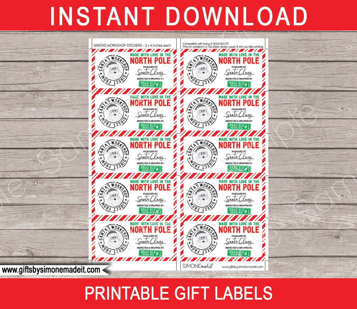 Santa Gift Tags Labels North Pole Stickers Christmas Printable | Etsy