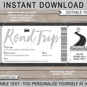 Cadeau billet imprimable Road Trip - voyage surprise en voiture, escapade, vacances, vacances - révélation de road trip pour toutes les occasions - modifiable TÉLÉCHARGEMENT IMMÉDIAT