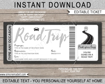 Printable Road Trip Ticket: Surprise Vacation Reveal (Editable INSTANT DOWNLOAD)