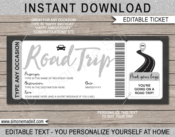 Printable Road Trip Ticket Gift - Surprise Car Trip, Getaway, Holiday, Vacation - Any Occasion Road Trip Reveal - Editable INSTANT DOWNLOAD Il_570xn
