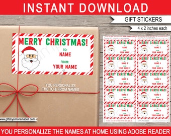 Christmas Gift Labels Template - Printable Stickers Tags, Personalized Custom, Kids Class, Santa - INSTANT DOWNLOAD - EDITABLE to/from names
