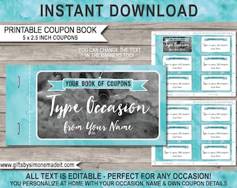 Coupon Book Template, Printable Personalized Coupons Gift Vouchers, Birthday Mom Dad Anniversary Him Her - INSTANT DOWNLOAD - EDITABLE text