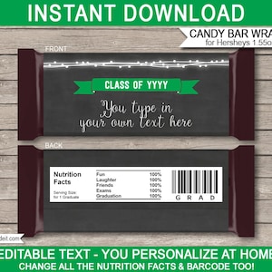 Graduation Candy Bar Wrappers - Graduation Party - Party Decorations - Green & Chalkboard - INSTANT DOWNLOAD with EDITABLE text