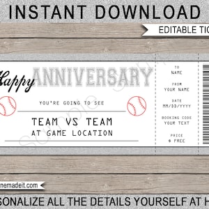 Regalo de boleto de béisbol de aniversario - Boleto sorpresa para un juego de béisbol - Plantilla de cupón de vale de certificado imprimible DESCARGAR TEXTO EDITABLE