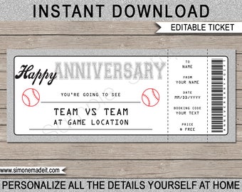 Anniversary Baseball Ticket Gift - Surprise Ticket to a Baseball Game - Printable Certificate Voucher Coupon Template EDITABLE TEXT DOWNLOAD