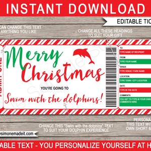 Weihnachtsdelfin Geschenkgutschein Gutschein druckbare Vorlage, Schwimmen mit einem Delfinerlebnis, INSTANT DOWNLOAD mit EDITIERBARE Text