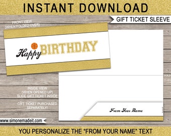 Printable Sleeve Envelope for Birthday Basketball Gift Tickets, Vouchers, Coupons - Happy Birthday - EDITABLE TEXT DOWNLOAD you personalize