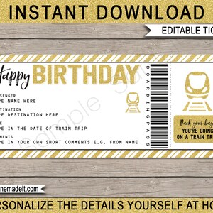Boleto de regalo de cumpleaños de tarjeta de embarque de tren - Revelación de viaje sorpresa en tren imprimible - Plantilla de tarjeta de cupón de boleto falso - DESCARGA DE TEXTO EDITABLE
