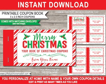 Christmas Coupon Book Printable + Envelope Template - Last Minute Personalized Gift Vouchers Certificate - INSTANT DOWNLOAD - EDITABLE text