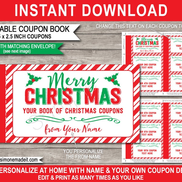 Christmas Coupon Book Printable + Envelope Template - Last Minute Personalized Gift Vouchers Certificate - INSTANT DOWNLOAD - EDITABLE text