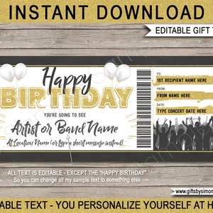 Konzertticket Vorlage Geburtstagsgeschenkgutschein Coupon zum ausdrucken - Surprise Rock Konzert, Aufführung, Künstler, Band - EDITIERBARER TEXT DOWNLOAD