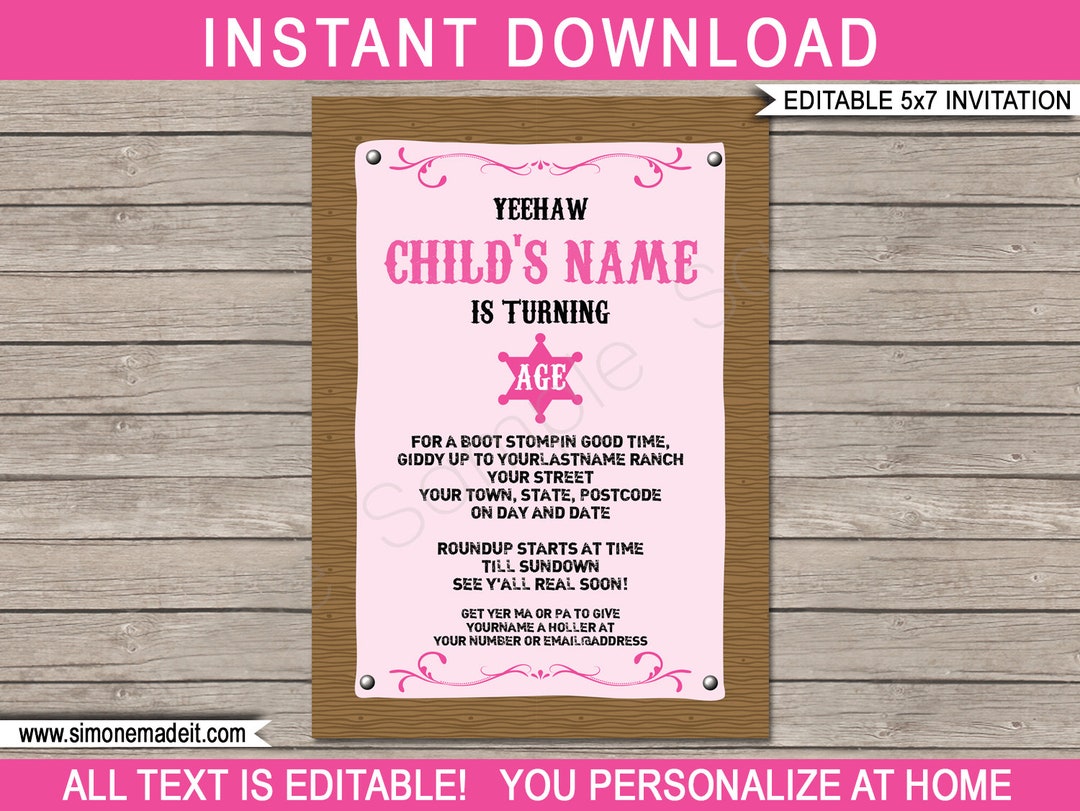 Cowgirl Invitation Template Printable Girls Country Western Theme Cowgirl Invitation Template Printable Girls Country Western Theme