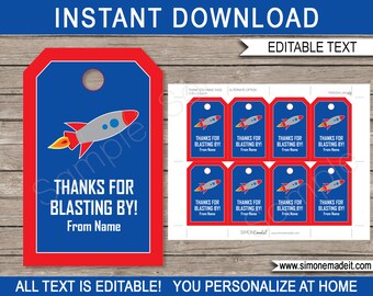 Space Favor Tags Template - Printable Rocketship Theme Birthday Party Thank You Tags - Outer Space Rocket - EDITABLE TEXT DOWNLOAD