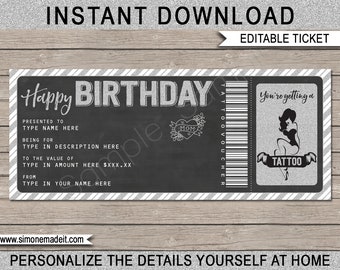 Printable Tattoo Birthday Gift Ticket: Editable Voucher (Digital Download)