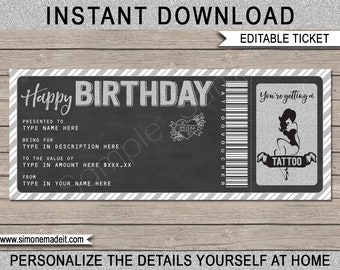 Printable Tattoo Gift Ticket - Birthday Gift Certificate Voucher Card Coupon Template - Get Inked - Woman - for Him - EDITABLE TEXT DOWNLOAD