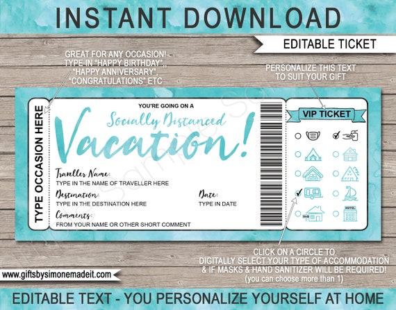 Social Distancing Vacation Travel Ticket Surprise Reveal Gift Idea Printable Template - Mask Sanitizer - INSTANT DOWNLOAD with EDITABLE Text Il_570xn