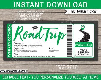 Road Trip Reveal-ticket: bewerkbare tekst, verrassingsvakantie (directe download)